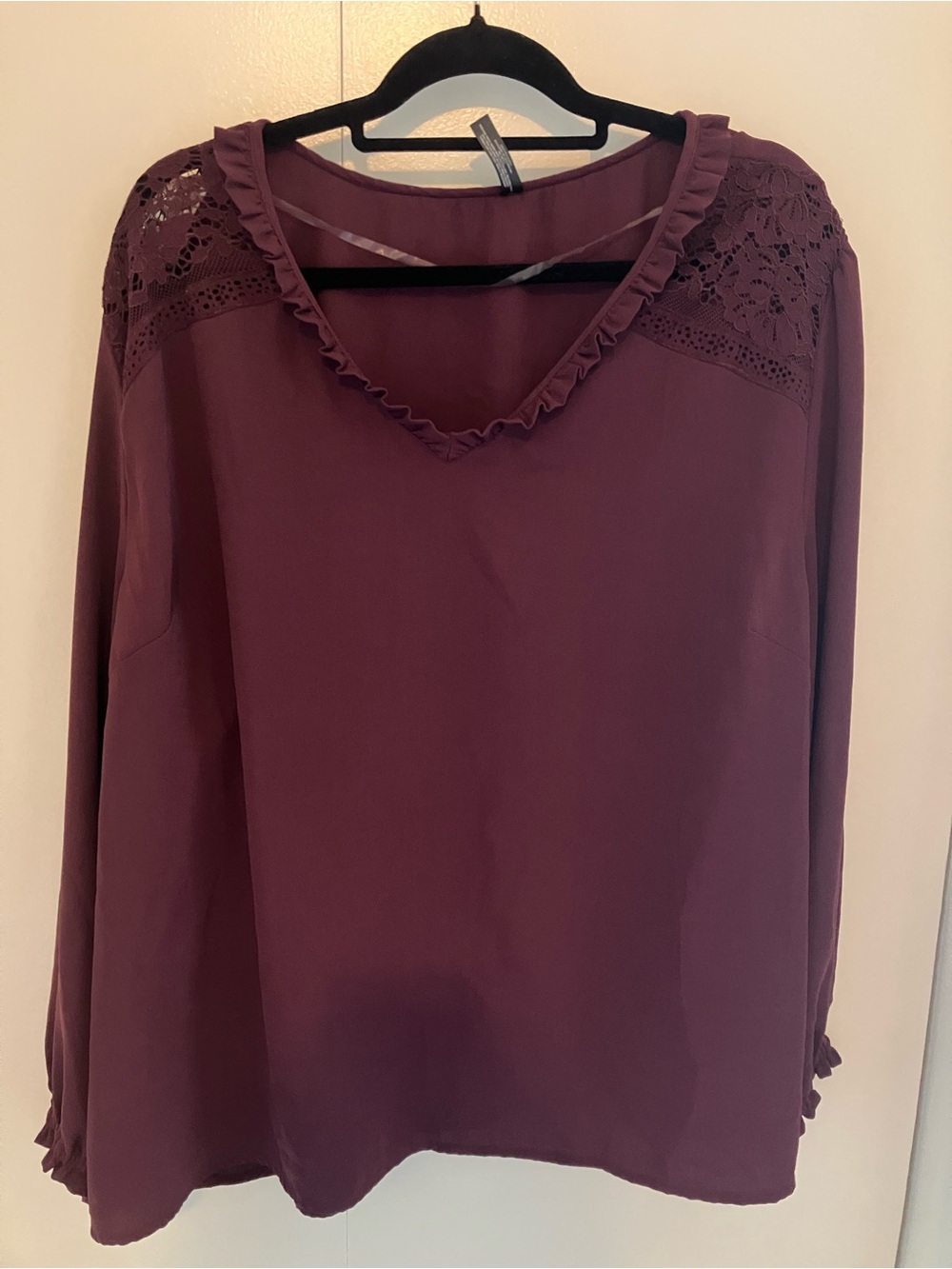 Massini Plum Lace-Yoke Ruffle V-Neck Blouse